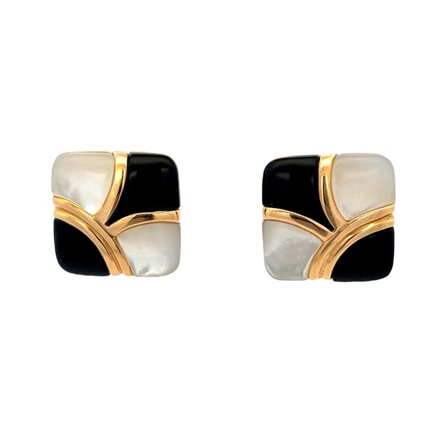 Asch Grossbardt 1990s Asch Grossbardt 14k Yellow Gold Onyx and Mother of Pearl Inlay Earrings, A Pair For Sale - Image 4 of 7