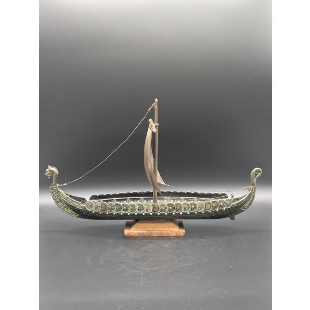 Vintage Bronze & Brass Viking Ship Sculpture on Stand For Sale - Image 4 of 11
