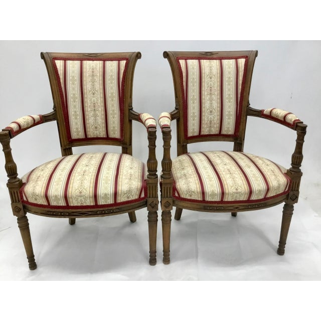 Pair of early 20th century beautifully proportioned Fauteuil armchairs in French Directoire style, each with barreled...