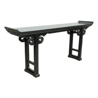 Vintage Chinoiserie Chinese Black Ming Style Extra Long Pagoda Alter Console Table by Maitland Smith For Sale