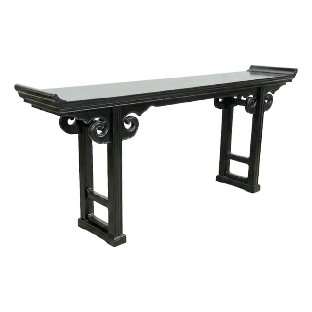 Vintage Chinoiserie Chinese Black Ming Style Extra Long Pagoda Alter Console Table by Maitland Smith For Sale
