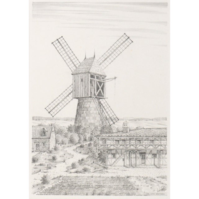 Highly detailed drawing of a windmill on a farm in Denmark by M. Mayer (20th Century). A large rustic windmill is the...
