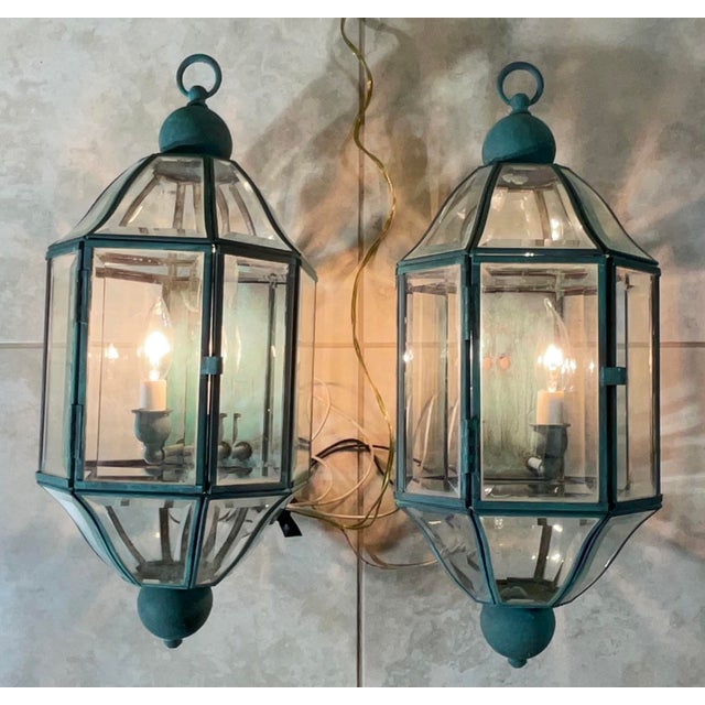 Metal Pair of Vintage Solid Brass & Beveled Glass Wall Lantern - Sconces - Verdigris For Sale - Image 7 of 14