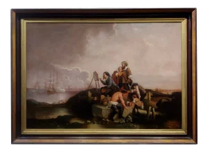 19th Century Dutch School -Artist Painting a Battle Ship Scene -Oil Painting