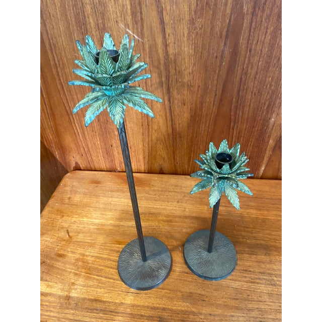 Brown Pair of Coastal Patina Palm Tree Taper Candle Holders For Sale - Image 8 of 10