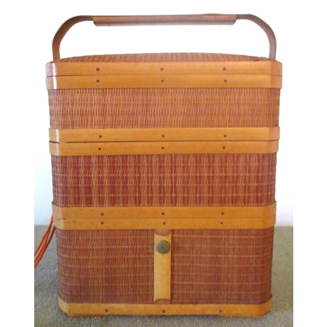Asian Vintage 1946 Occupied Japan Stacking Bamboo Lunch Picnic Basket For Sale - Image 3 of 12