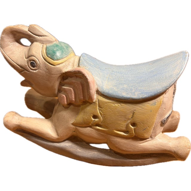 Vintage Hand-Carved Thai Wooden Rocking Elephant Sculpture - Rare Artisan Nursery Décor For Sale - Image 4 of 12