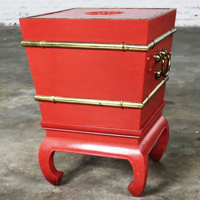 Vintage Asian Accent Table Removable Ice Chest Chinese Red Lacquer and Brass on Hoof Foot Base For Sale - Image 14 of 14
