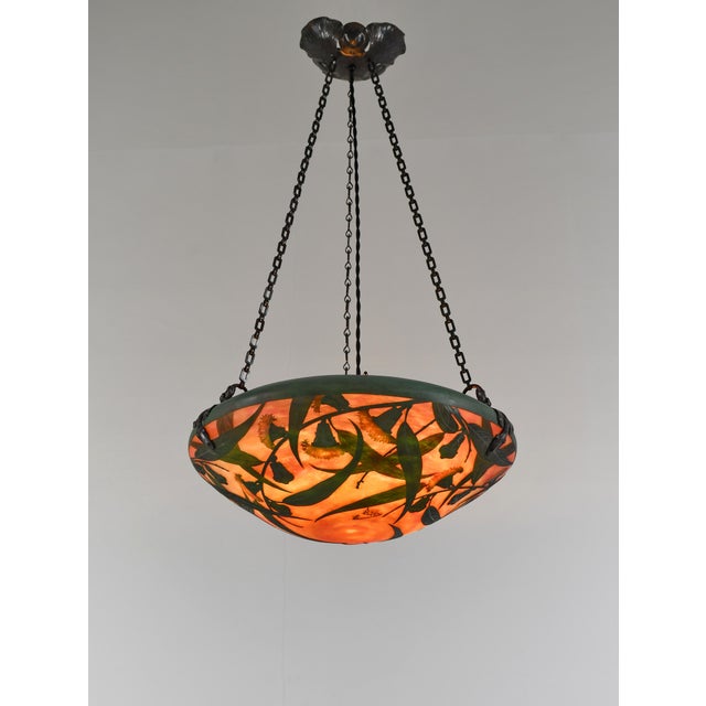 Daum freres & Louis Majorelle eucalyptus A wonderful French art deco hanging fixture in wrought iron with a rare cameo...