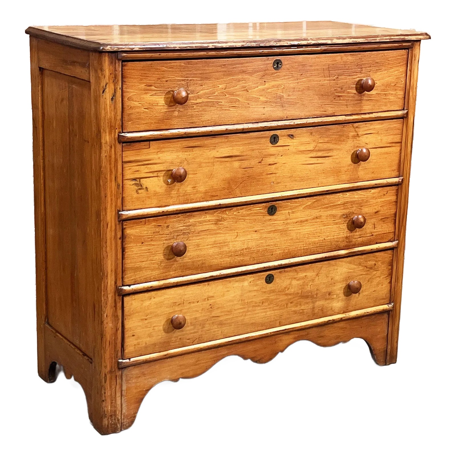 Antique 19th Century Cottage Pine Chest of Drawers With Scalloped Apron