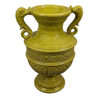 Green Majolica Vase with Dolphin Handles by C.B. Robbia Gualdo Tadino, 1960s For Sale