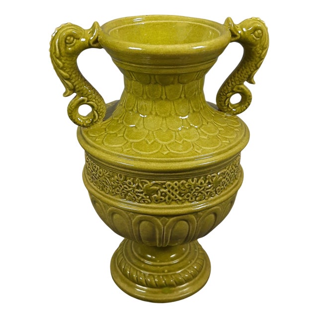 Green Majolica Vase with Dolphin Handles by C.B. Robbia Gualdo Tadino, 1960s For Sale