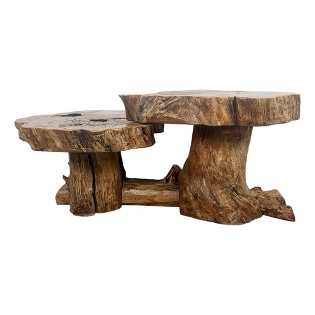 Vintage Organic Modern Two-Tier Live Edge Wood Coffee Table For Sale