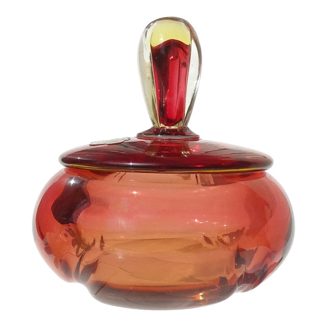 Vintage Murano Barbini 1950s Yellow Red Orange Italian Art Glass Vanity Powder Box With Original Label For Sale