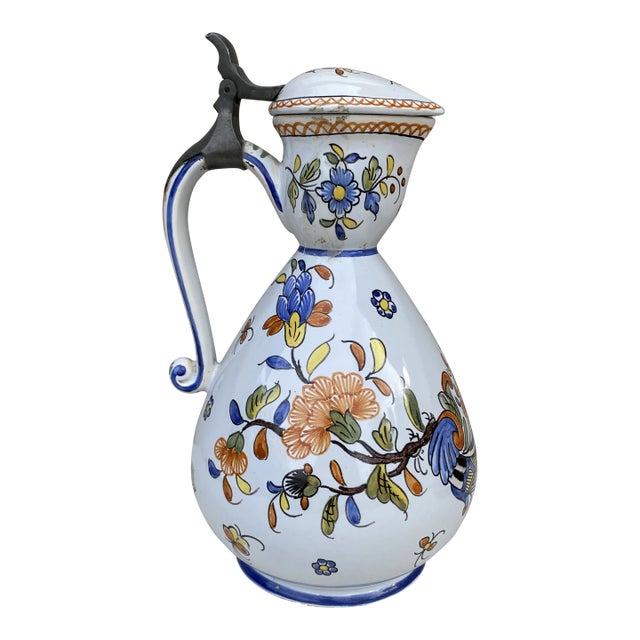 Rare French Faience Pitcher With Lid Rouen Style Circa 1900 For Sale
