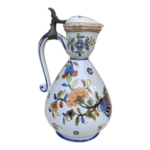Rare French Faience Pitcher With Lid Rouen Style Circa 1900