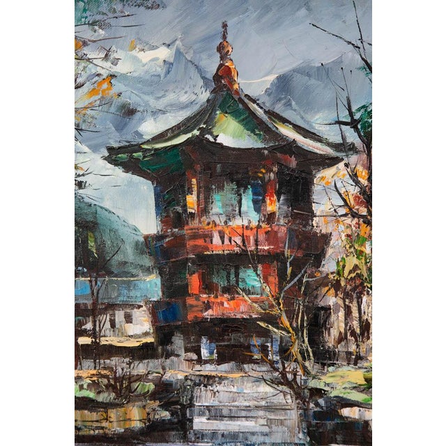 Mid Century Modern Oil Painting Original Art Landscape Tower Home Signed Asian For Sale In Sacramento - Image 6 of 12