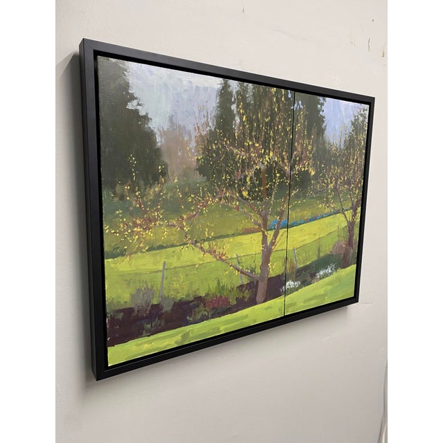 Backyard, Early Spring by Riley Doyle | Oil on panels Landscape with trees and green fields. For Sale - Image 4 of 5
