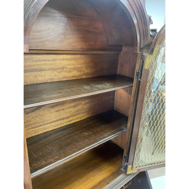 Antique Secretary Desk, Brass Backed Screen Glass Door, Burl Wood Inlay, Two Shelves For Sale - Image 4 of 12