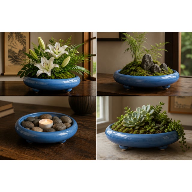 1920s Japanese Awaji Art Pottery Periwinkle Blue Footed Low Bowl For Sale - Image 9 of 9