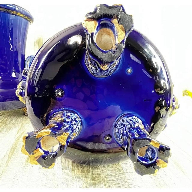 Antique French Cobalt Blue Faience Urns Pair W/ Gilt Swan Handles For Sale - Image 12 of 12