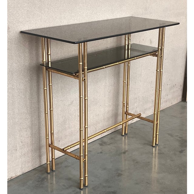 1960s Mid-Century Modern Italian Faux Bamboo Gilt Metal Console With Smoked Glass For Sale - Image 5 of 11