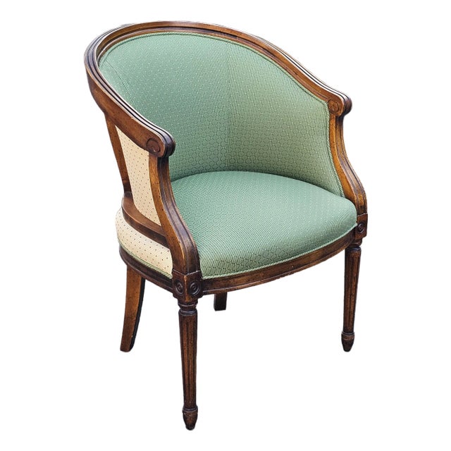 Late 20th Century Italian Regency Style Walnut and Upholstered Barrel Back Chair For Sale