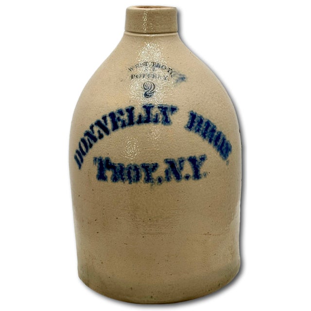 Blue Antique American Blue Decorated 2 Gallon Stoneware Advertising Jug by West Troy Pottery Co. New York Circa 1880s For Sale - Image 8 of 18
