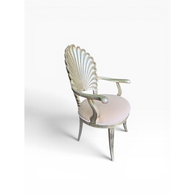 Late 20th Century Late 20th Century Hollywood Regency Silver Leaf Shell Back Armchairs in Brunschwig & Fils Velvet – Pair For Sale - Image 5 of 13