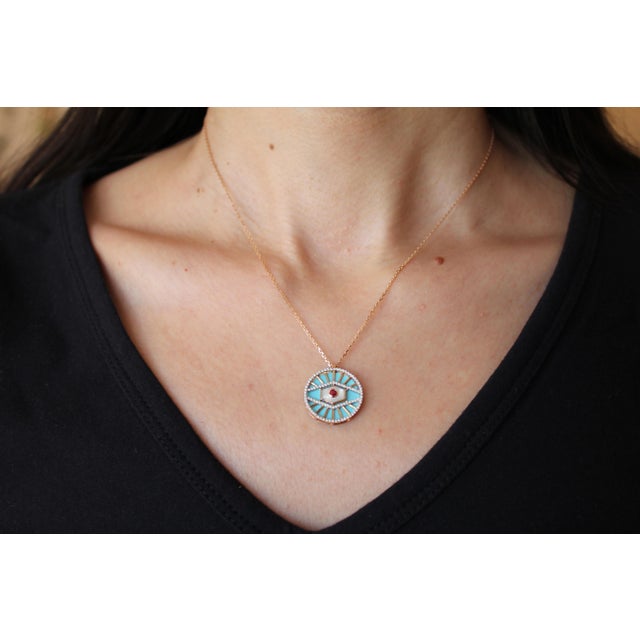 Diamond Halo Evil Eye Turquoise 18k Rose Gold Pendant Charm Medallion Necklace For Sale - Image 13 of 18
