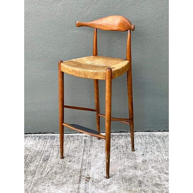 Mid-Century Modern Vintage MCM Wood and Rush Bar Stool For Sale - Image 3 of 12