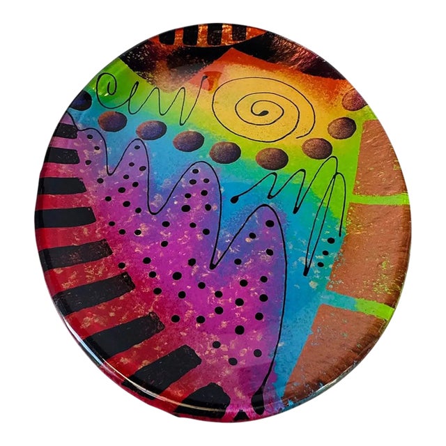 Vintage Fiala Design Works Hand Painted Abstract Art Glass Plate For Sale