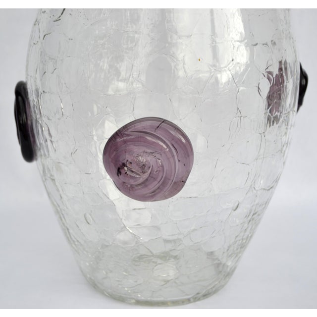 Transparent 1960s Large Blenko Crackle Art Glass Vase Textured Clear Surface Purple Flowers For Sale - Image 8 of 18