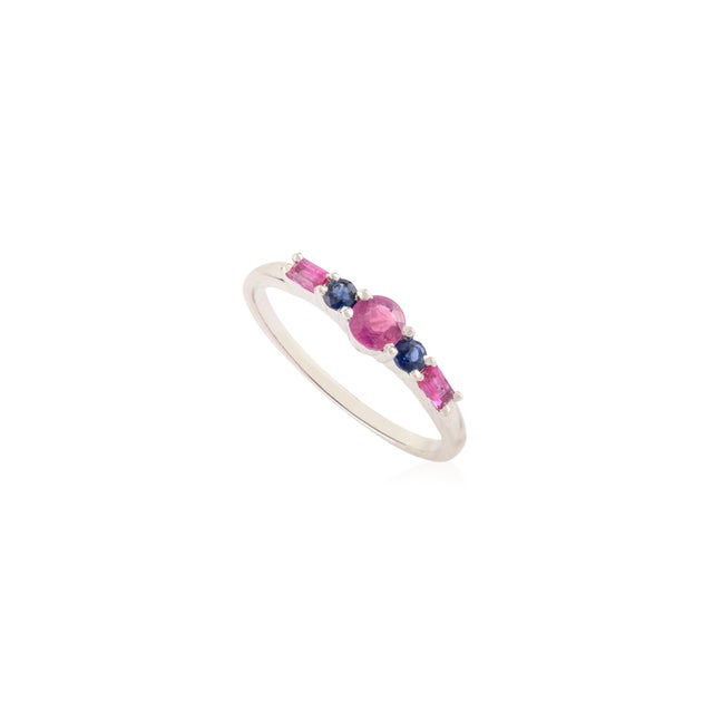 Contemporary 14k White Gold Ruby & Sapphire Five Stone Stackable Band Ring Size 5.5 For Sale - Image 3 of 14