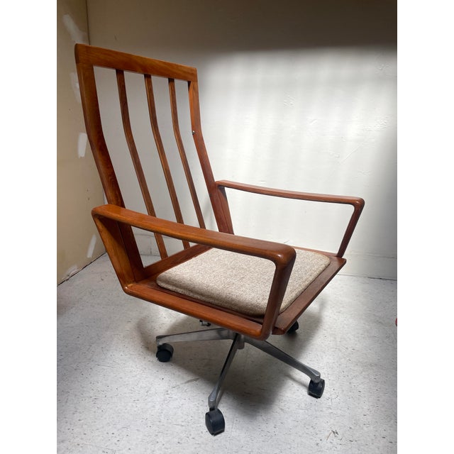 Mid-Century Modern Vintage Upholstered and Teak Swivel Armchair Attributed to Arnie Wahl Iversen for Komfort For Sale - Image 3 of 7
