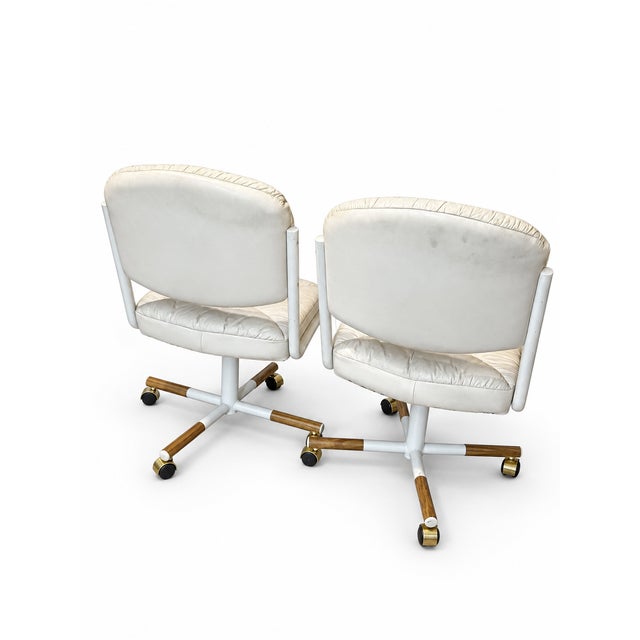 1960s Vintage Douglas Furniture Ivory Faux-Leather Swivel Chairs on Casters — Pair For Sale - Image 5 of 10