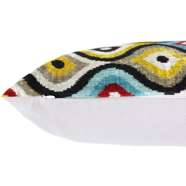 Textile Multicolor Ikat Silk Velvet Lumbar Pillow 16x24 | Handmade Designer Accent For Sale - Image 7 of 7