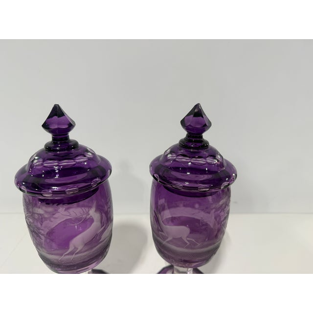 Boho Chic Pair of Bohemian Amethyst Engraved Covered Beakers, Late 19th Century For Sale - Image 3 of 8