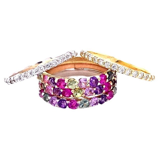 Contemporary 3.06 Carat Multi Color Sapphire and Diamond Stackable Gold Bands, Size 6 For Sale - Image 3 of 5