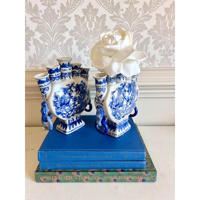 Pair of Blue and White Dragon Five-Spout Tulip Vases / Chinese Export Style For Sale In Charlotte - Image 6 of 9
