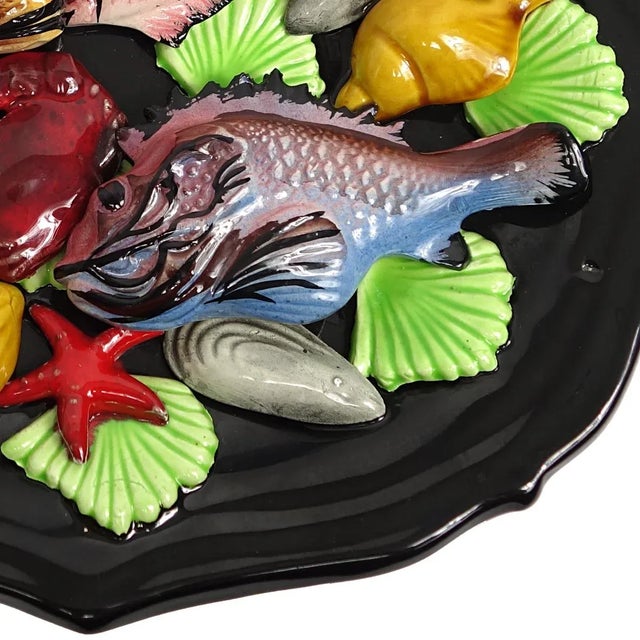 Ceramic Mid-Century Modern Oval Majolica Wall Plate with Sea Creatures from Vallauris, 1960s For Sale - Image 7 of 13