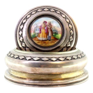 Silver Jewelry Box with Diamond-Shaped Borders and Gallant Scene in Enamel For Sale