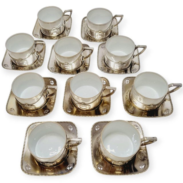 Art Deco Silver-Plated Argentor Tea Set with Karlsbad Porcelain Liners, 1930s, Set of 20 For Sale - Image 4 of 18