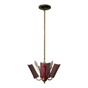 1950s Mid Century Modern Perforated Red Metal and Brass Chandelier
