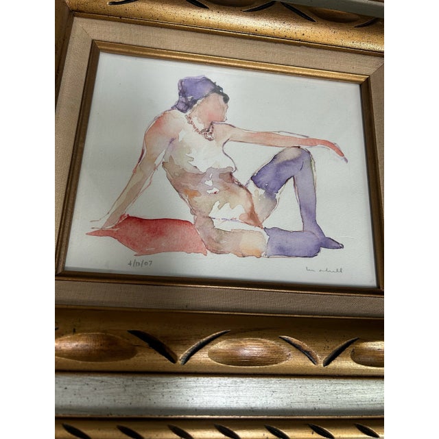Contemporary Original Female Nude Watercolor Painting in Vintage Chunky Wood Frame For Sale - Image 4 of 4