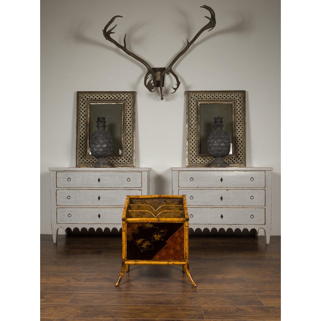 Wood English 1900s Bamboo Leather Canterbury Magazine Rack with Chinoiserie Motifs For Sale - Image 7 of 12