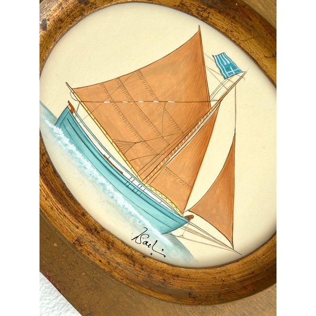 Nautical Original Hand-Painted Sailboat Painting in a Vintage Frame For Sale - Image 3 of 4