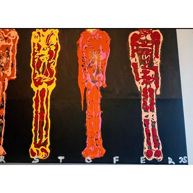 Wood Colorful Abstract Painting of 6 Standing Figures by Christopher Shoemaker 24” X 36”, Signed For Sale - Image 7 of 9