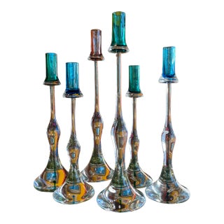 Rare Set of 6 Signed Vintage Gino Cenedese Murano Sommerso Glass Candlesticks For Sale