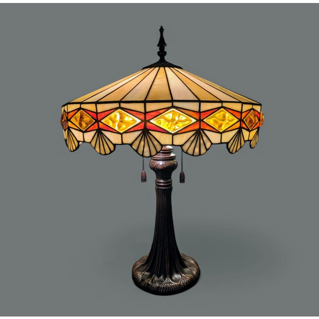 Victorian Vintage Arts and Crafts Style Leaded Slag Glass Table Lamps- A Pair For Sale - Image 3 of 8